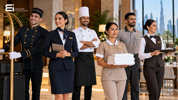 Hotel staff in Dubai wearing professional uniforms across different departments